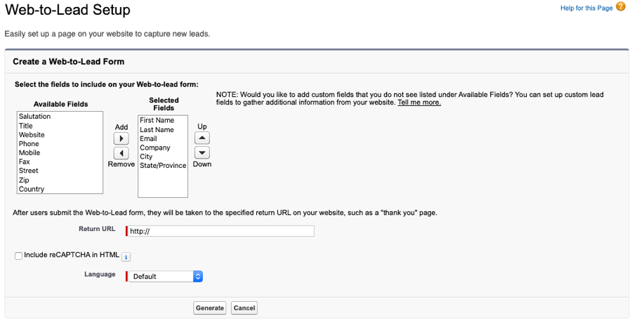 Configuration de salesforce web pour mener